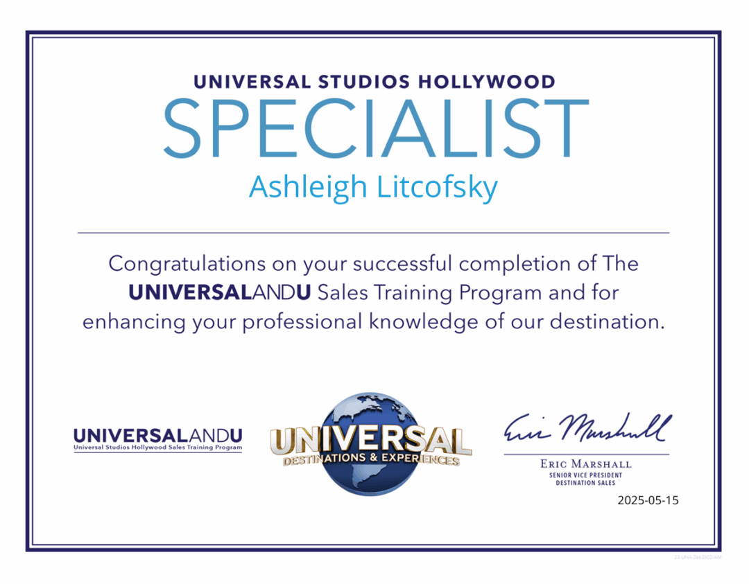 Universal Studios Hollywood Certification ash